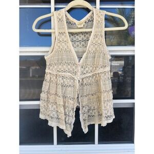 Pretty Good Cream Lace Sleeveless Tiered Ruffle Vest BohoSheer Festival Medium